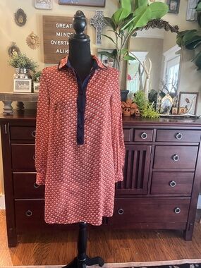 Maddy K Long Sleeve Red Retro Patterned Shirt Dress with Navy Placket